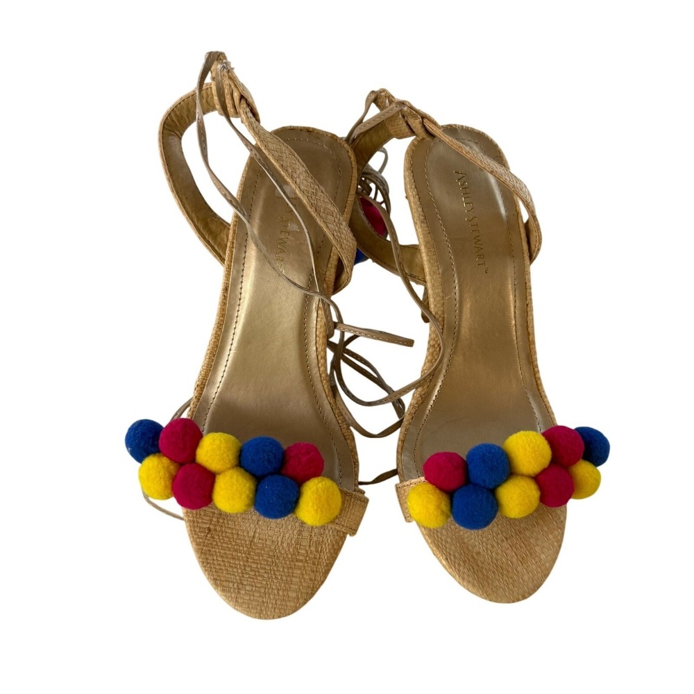 Ashley Stewart Tie Up Raffia Pom Pom Tassels Heels Womens Shoes 9W